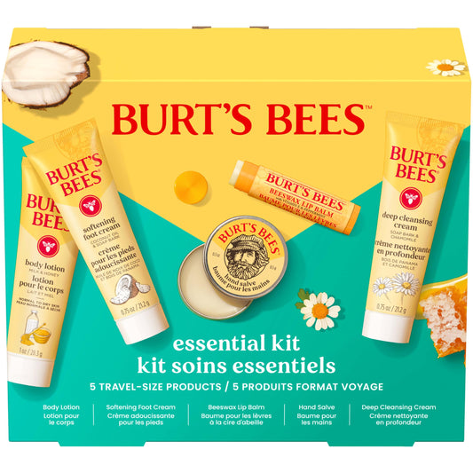 Burt's Bees front packaging of 5-piece essentials kit showing complete gift set benefits