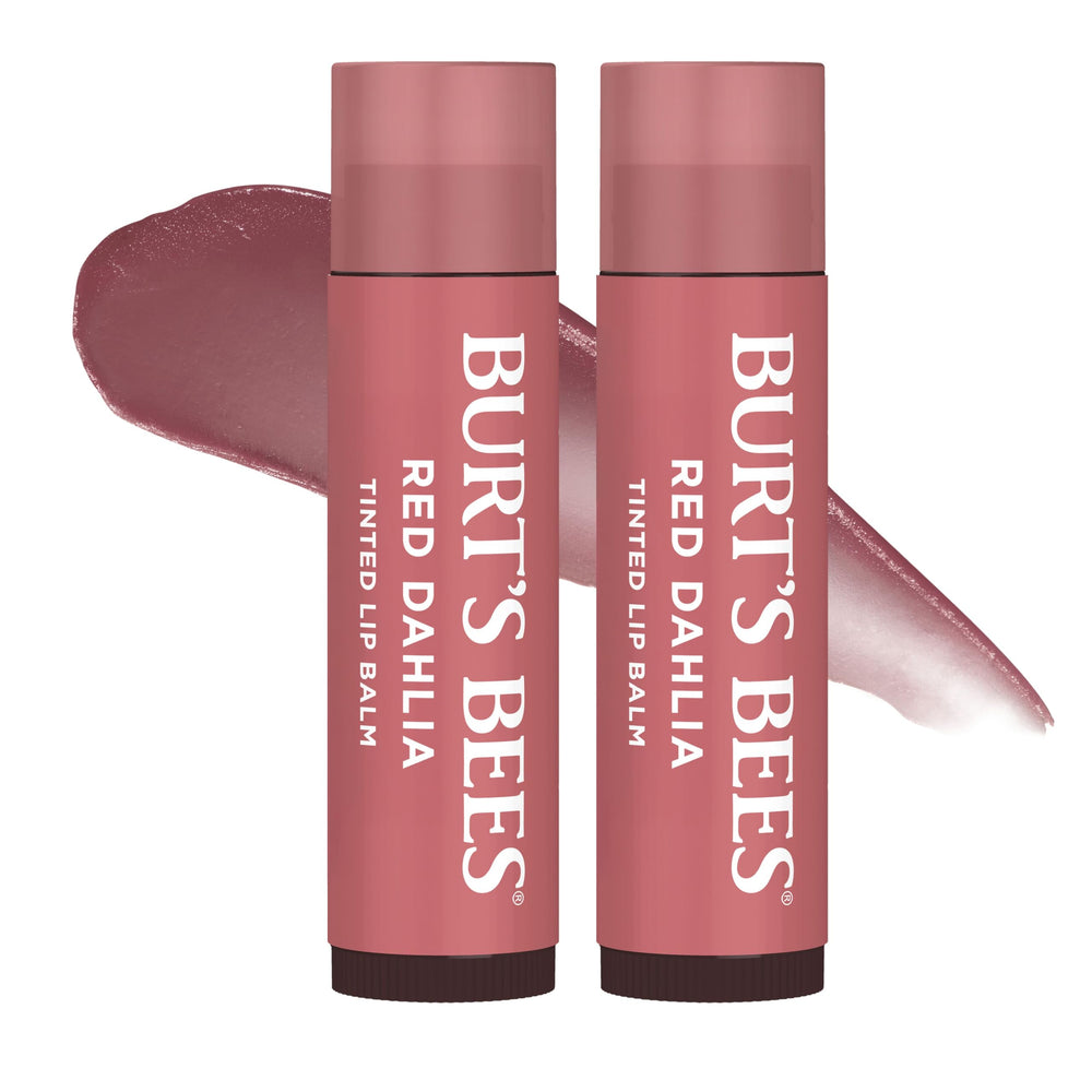 Burt's Bees front packaging showing Fiery Red Dahlia shade and benefits