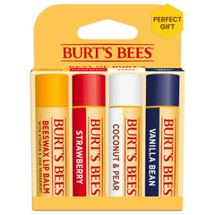 Burt's Bees front pack view showing four flavored lip balms and portability benefit