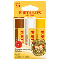 Burt's Bees front packaging of Island Getaway trio showing three tubes and benefit of SPF protection