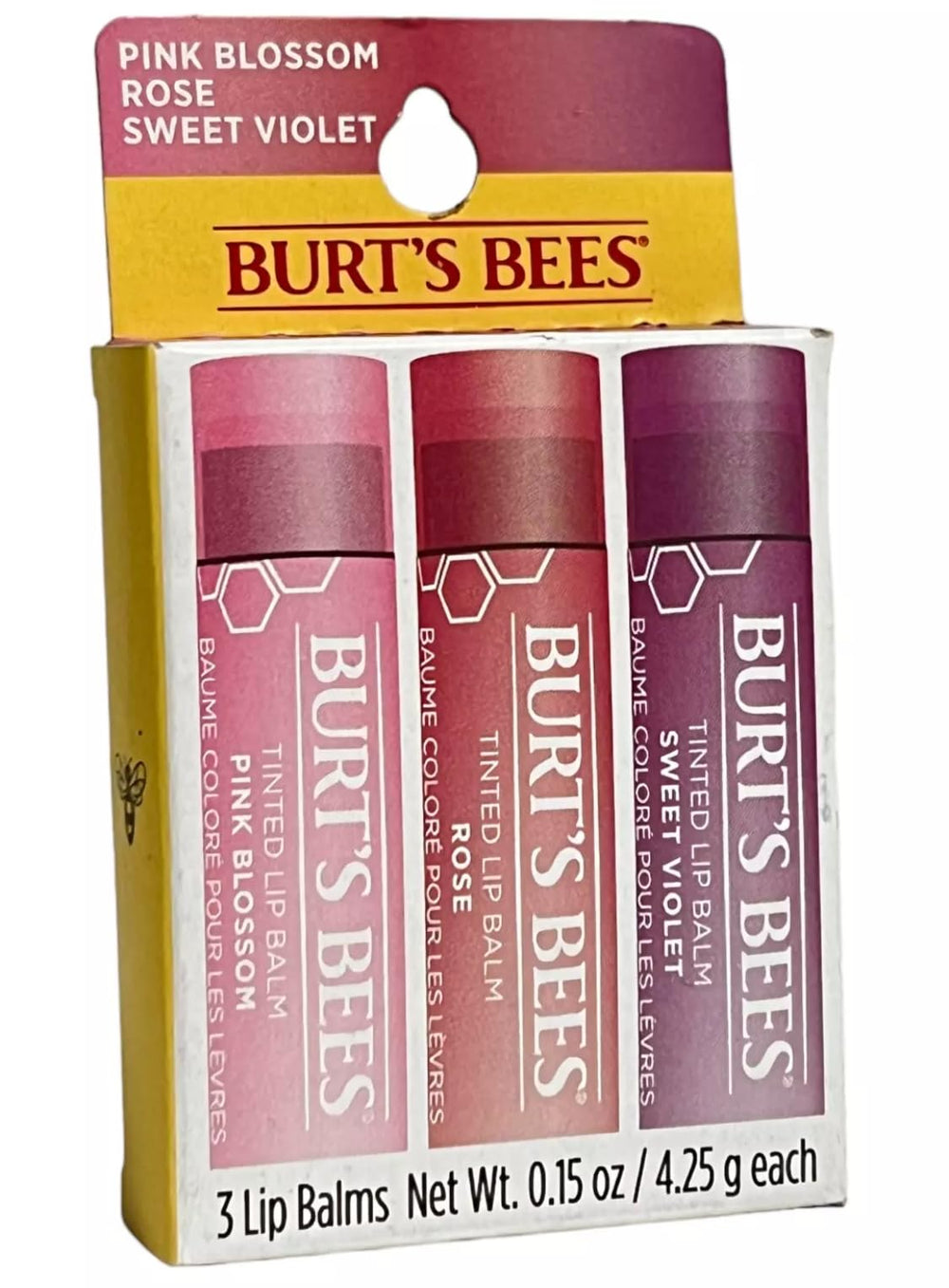 Burt's Bees front packaging showing three tinted balms and convenience