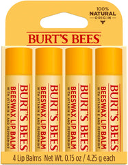 Burt's Bees front packaging showing four lip balm tubes and brand benefits