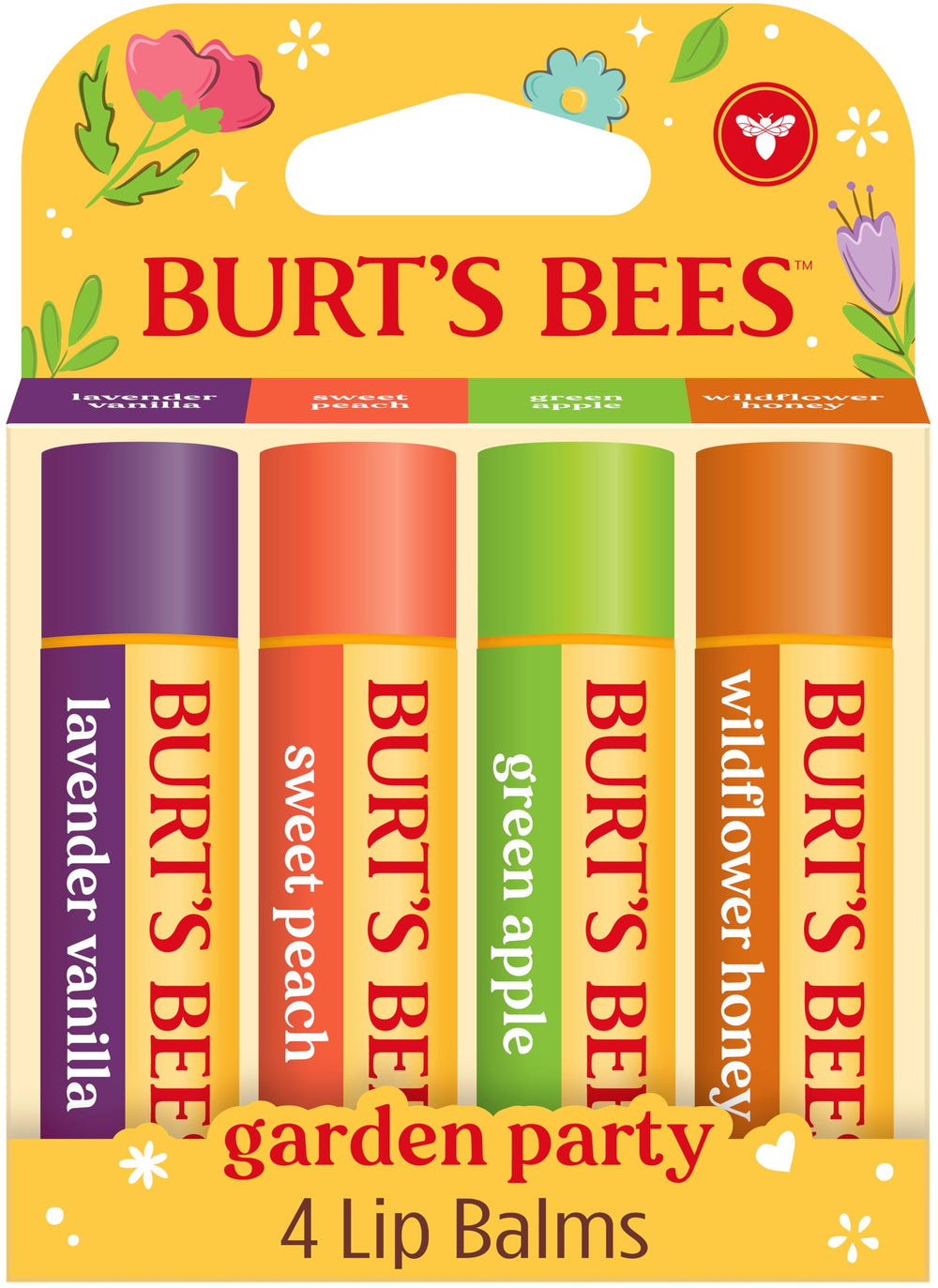 Burt's Bees front packaging showing four-flavor set and natural benefits