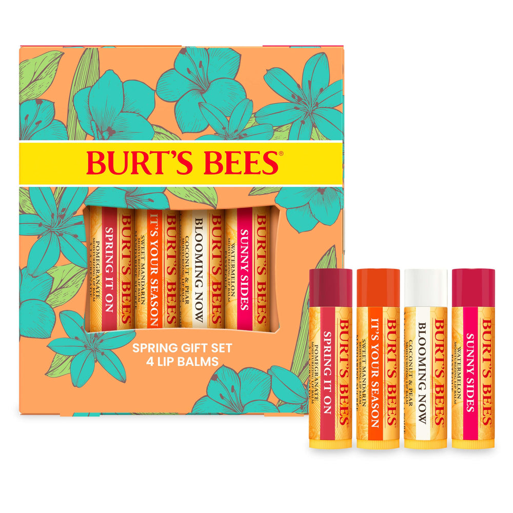 Burt's Bees front packaging showing four lip balm tubes and gift set benefit