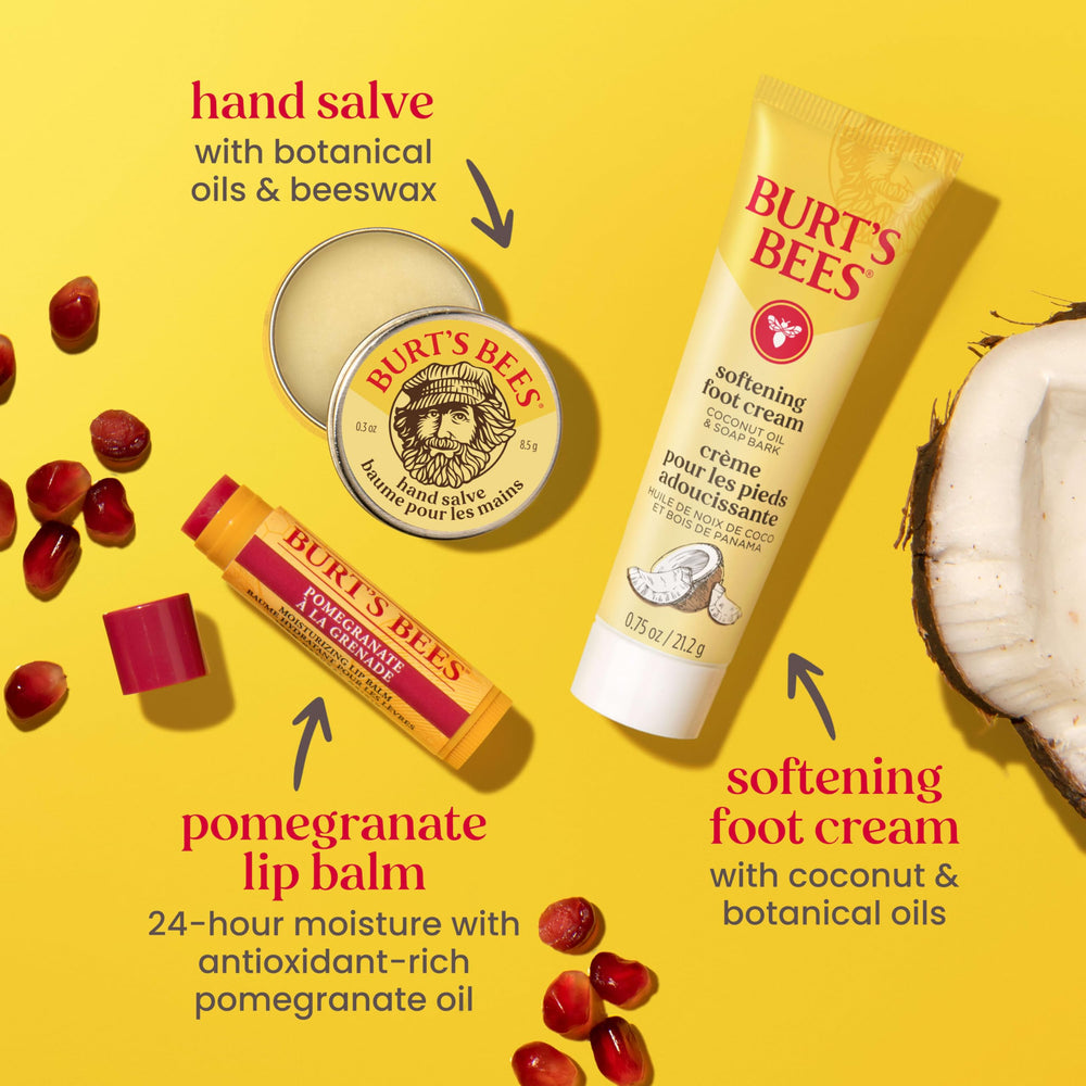 Burt's Bees kit contents arranged on wood table demonstrating full set benefit