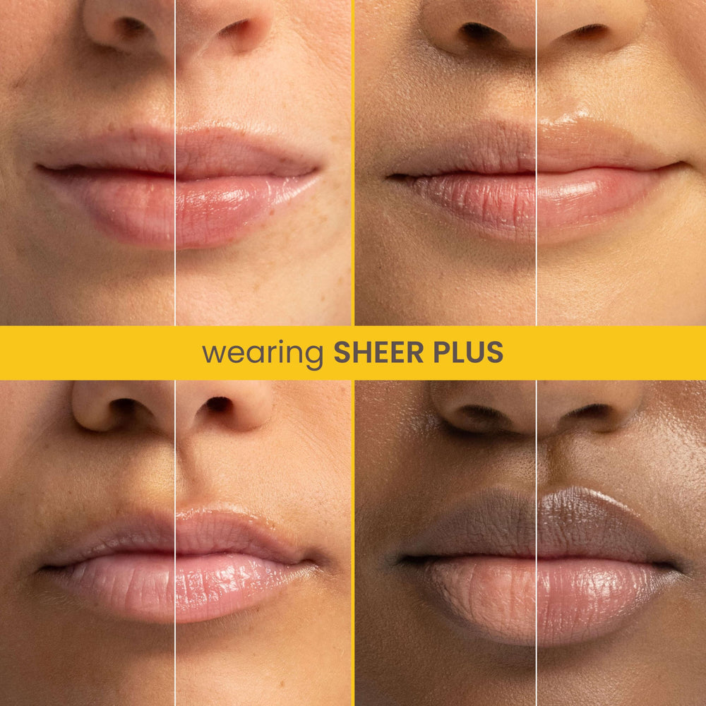 Burt's Bees demo on lips showing tint-free semi-gloss finish for healthy-looking shine