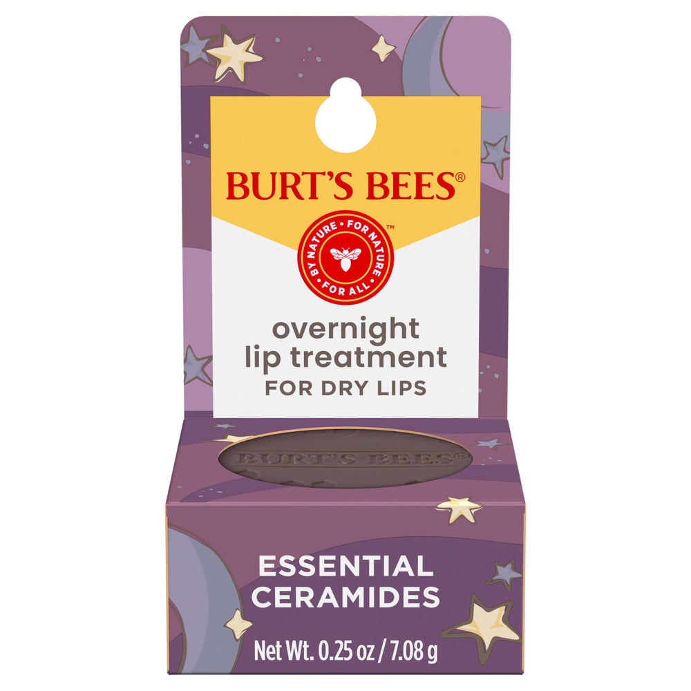 Burt's Bees jar front view showing restorative overnight lip treatment and benefits
