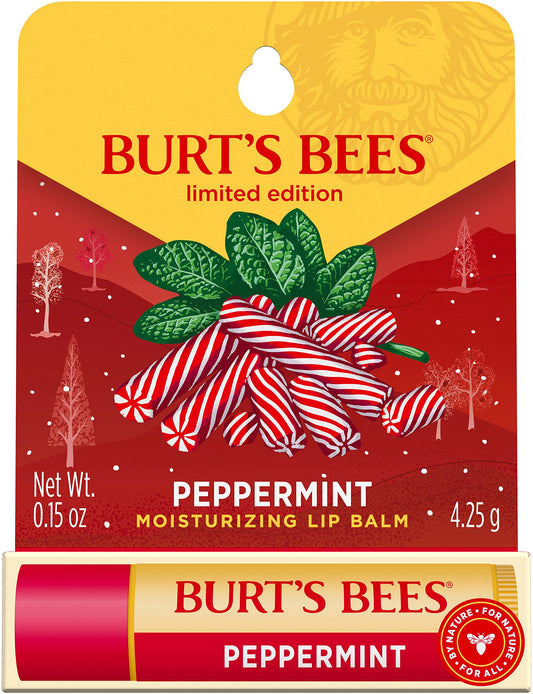 Burt's Bees front packaging showing blistered peppermint lip balm and clear labeling for easy identification