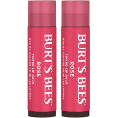 Burt's Bees front packaging showing two Petal Rose balms and brand badge benefiting portability