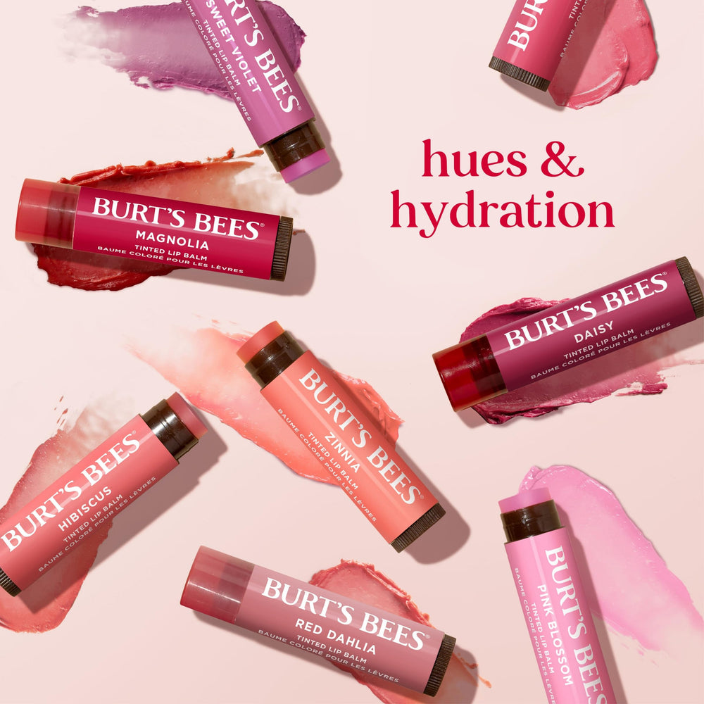 Burt's Bees lips close-up showing semi-gloss finish and buildable rosy sheen