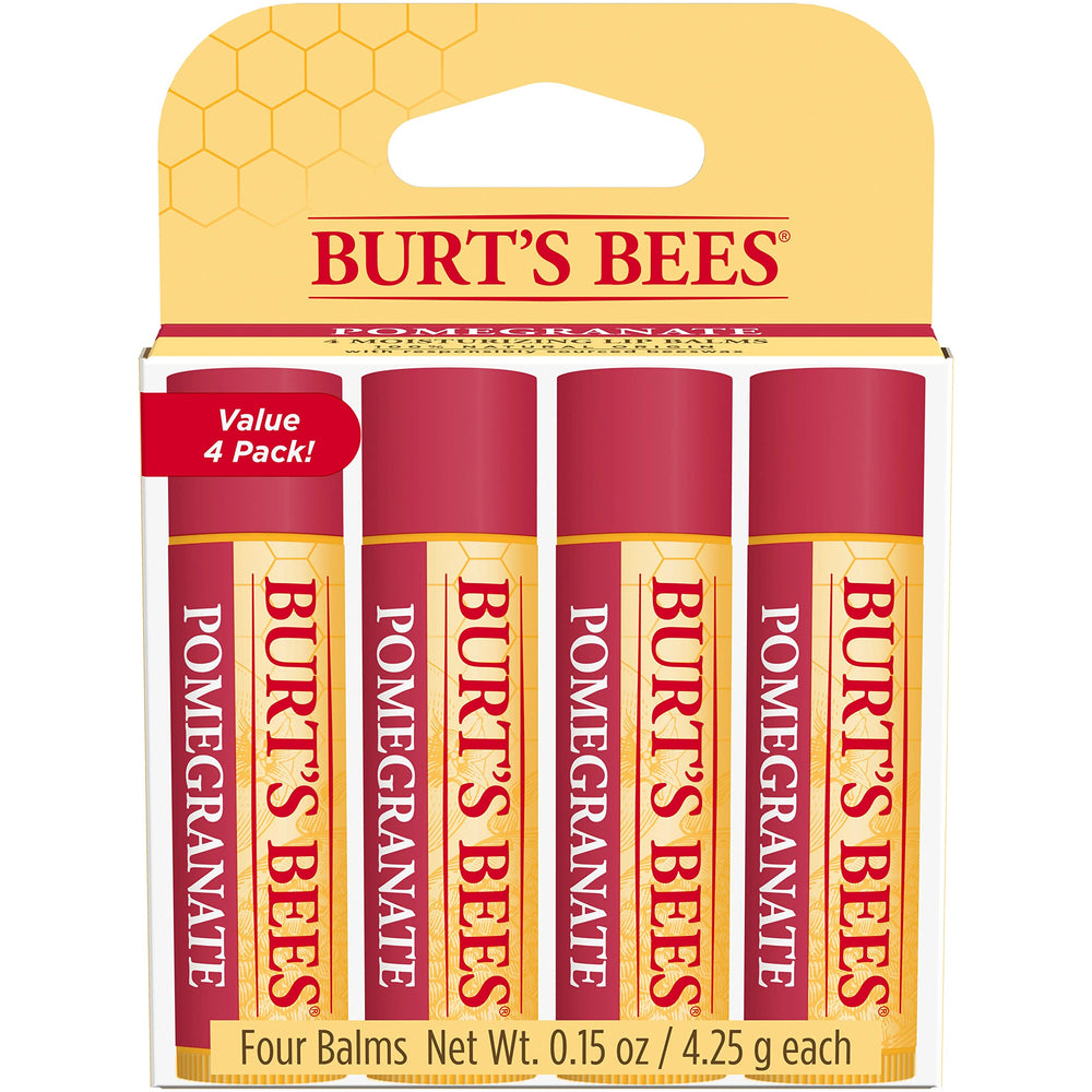 Burt's Bees front packaging showing four pomegranate lip balms for convenient hydration