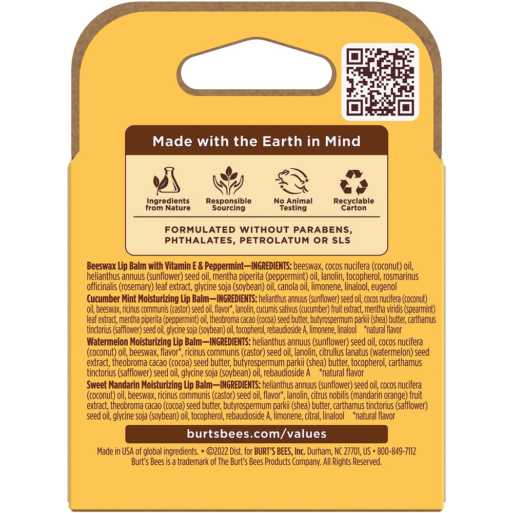 Burt's Bees product grouping flatlay of four flavors for variety choice