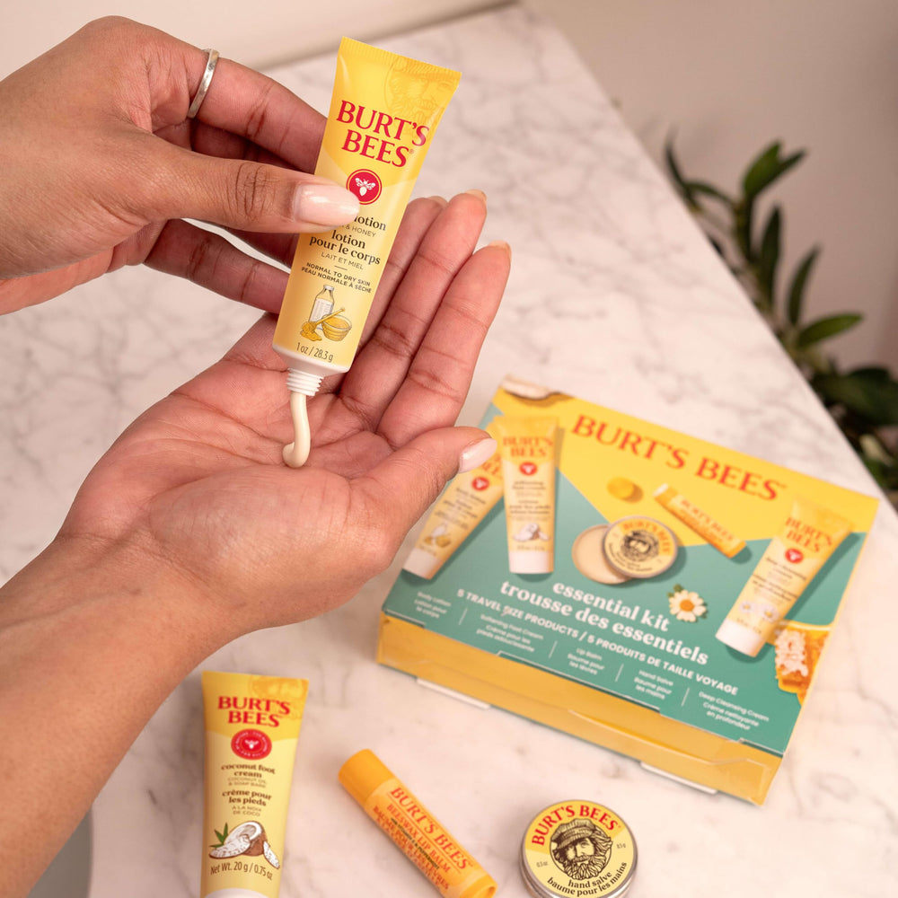 Burt's Bees products inside bathroom travel bag showing grab-and-go routine benefit