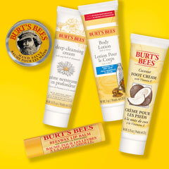 Burt's Bees products arranged on bathroom counter suggesting everyday skincare routine