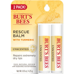 Burt's Bees front packaging showing two unscented rescue balm tubes and benefits
