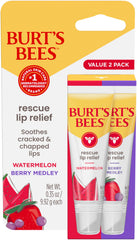 Burt's Bees front packaging showing two rescue lip relief tubes and benefits