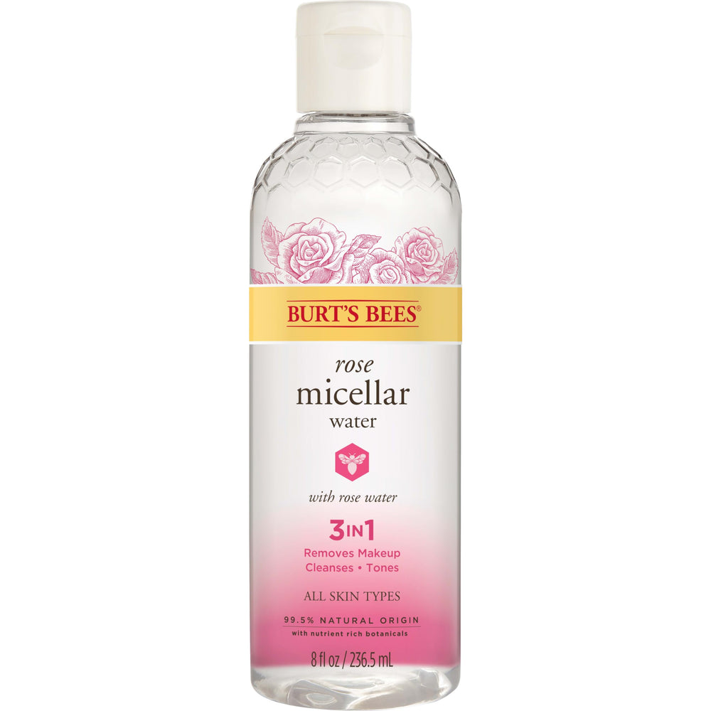 Burt's Bees rose micellar front packaging showing bottle and label benefits