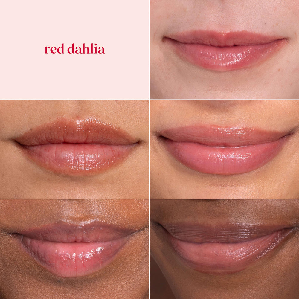 Burt's Bees Rose tube beside blossoms illustrating warm rosy finish