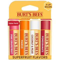 Burt's Bees front packaging showing four superfruit lip balms and brand trust
