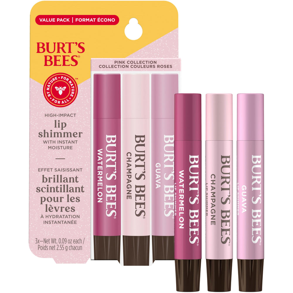 Burt's Bees three tubes arranged to display Watermelon Champagne and Guava shades