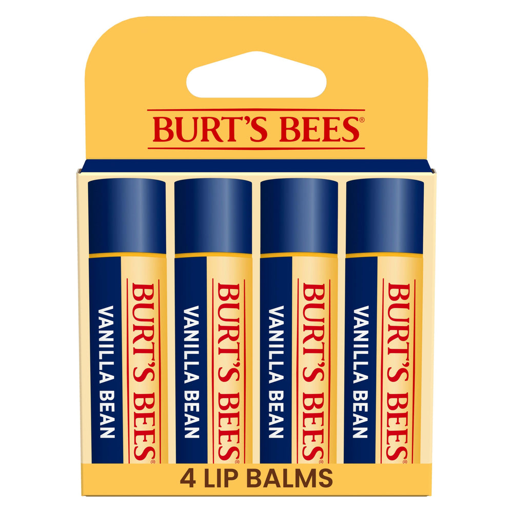 Burt's Bees front-packaging showing four vanilla bean lip balm tubes and branding benefits