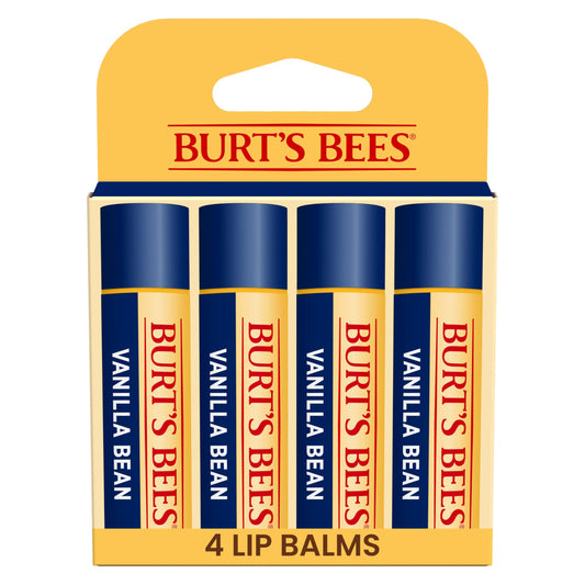 Burt's Bees front-packaging showing four vanilla bean lip balm tubes and branding benefits