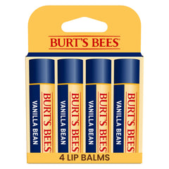 Burt's Bees front-packaging showing four vanilla bean lip balm tubes and branding benefits