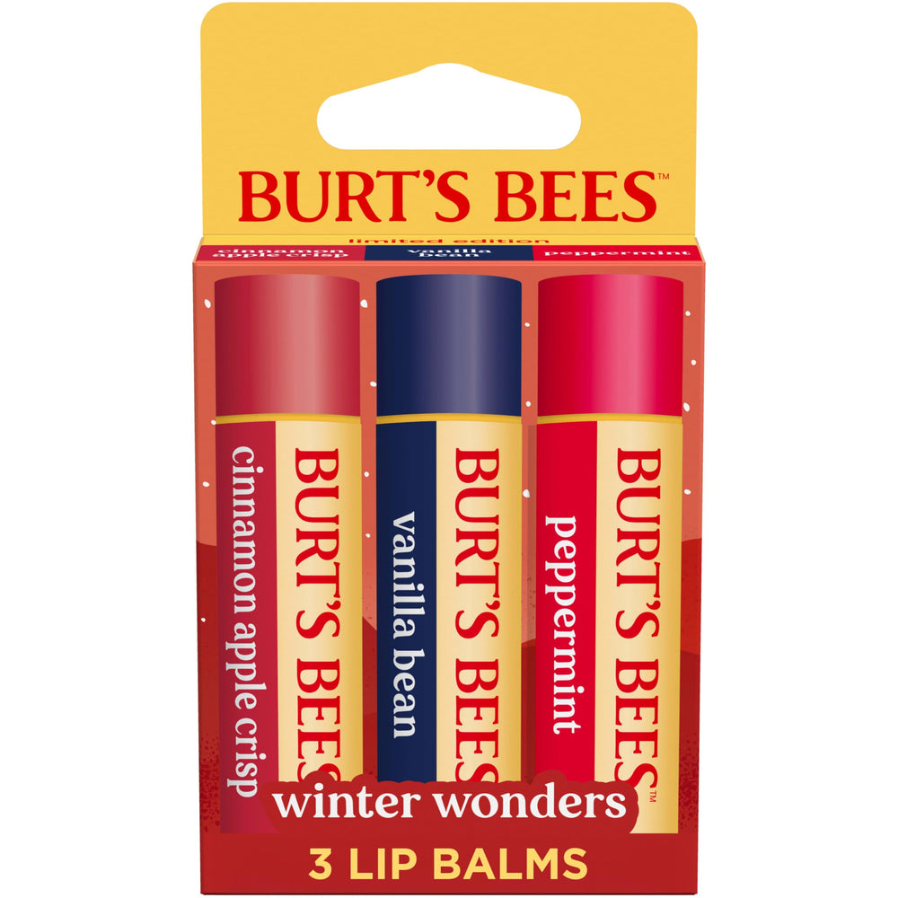Burt's Bees front packaging showing three holiday lip balms and benefits of hydration