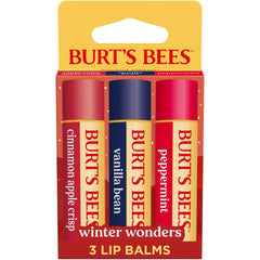 Burt's Bees front packaging showing three holiday lip balms and benefits of hydration