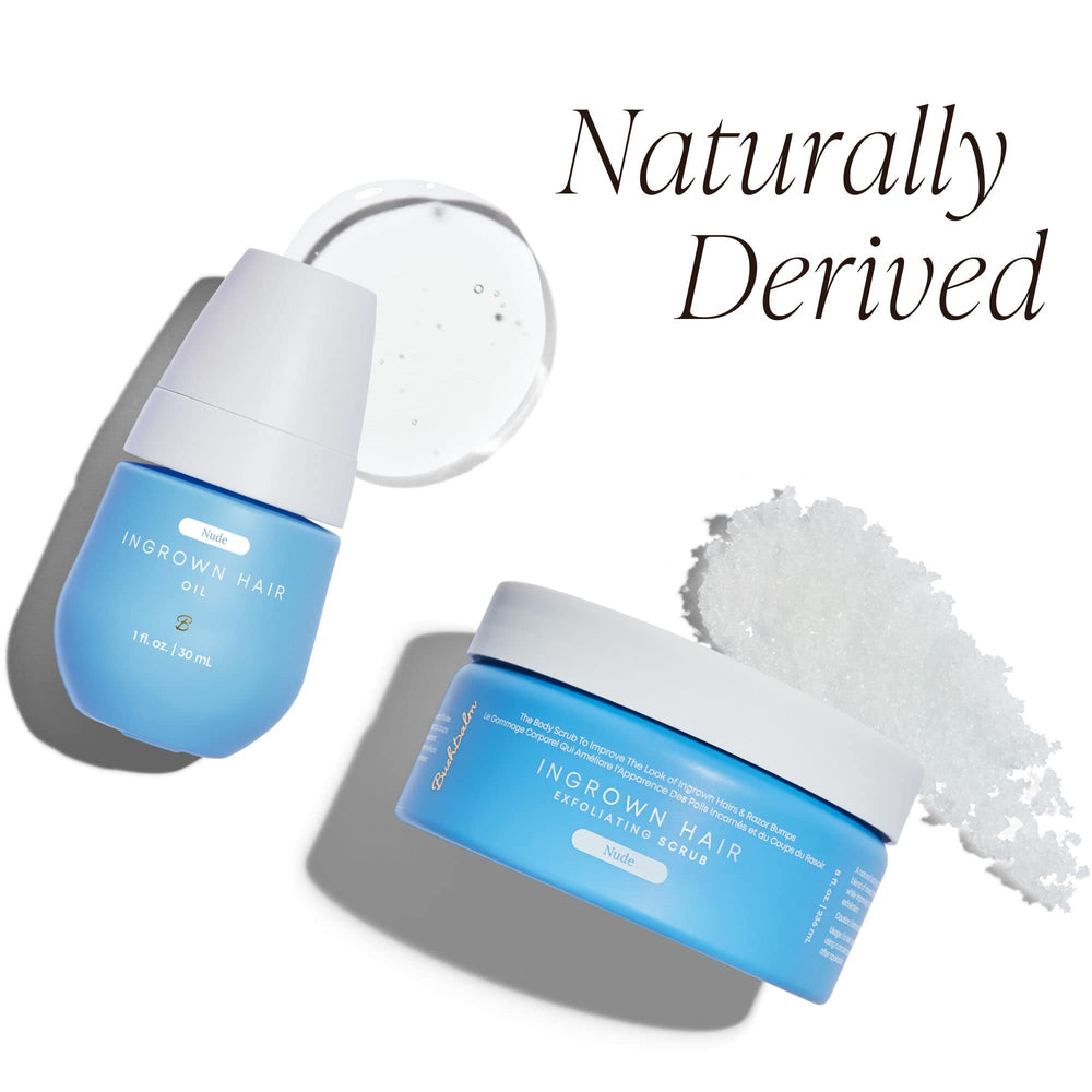 Bushbalm Nude scrub in bathroom setting, convenient post-shave exfoliation routine