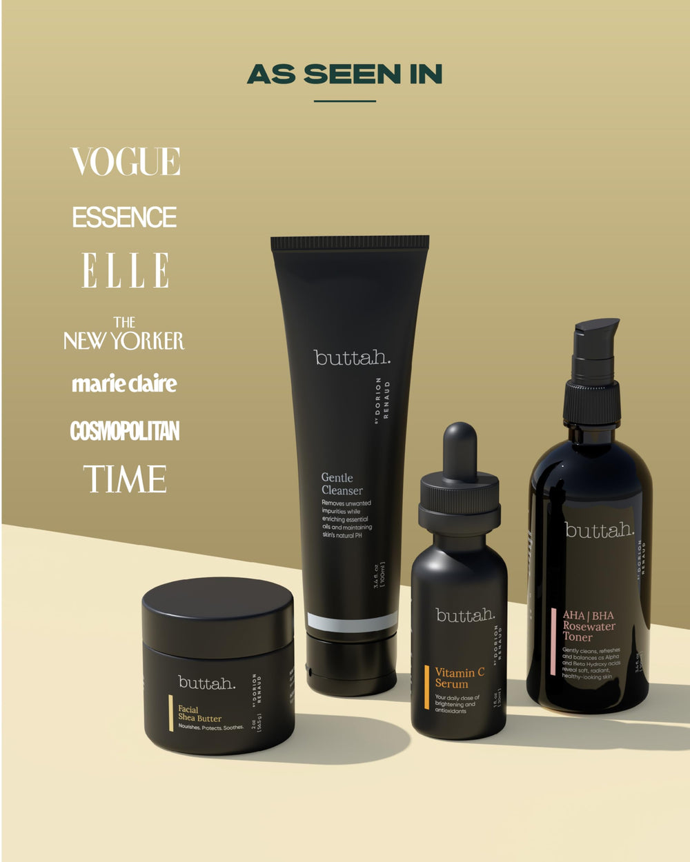buttah kit styled on bathroom shelf for daily skincare routine