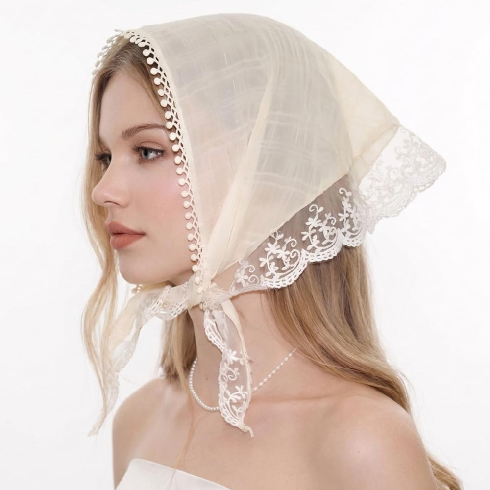 BuyaCraft front view of white lace head scarf shows elegant coverage benefit
