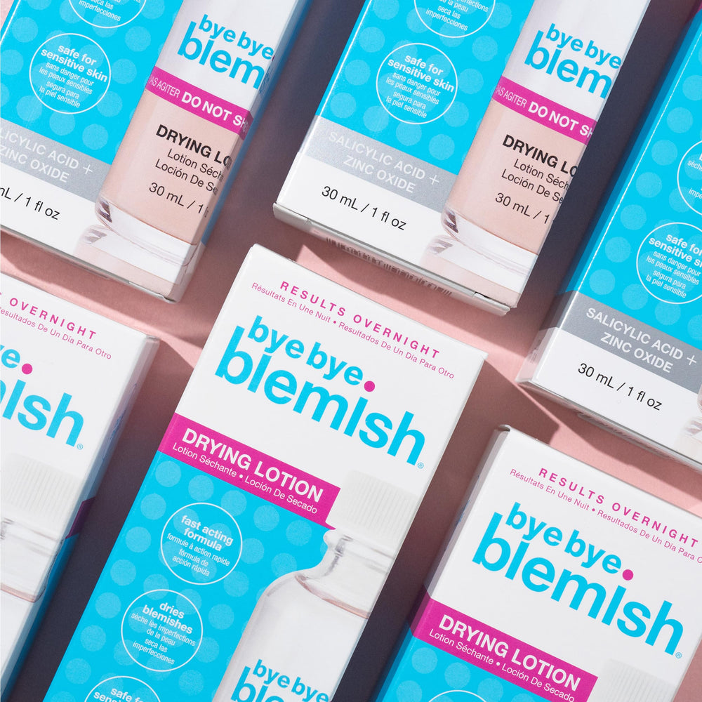 Bye Bye Blemish on bathroom nightstand showing easy evening skincare routine