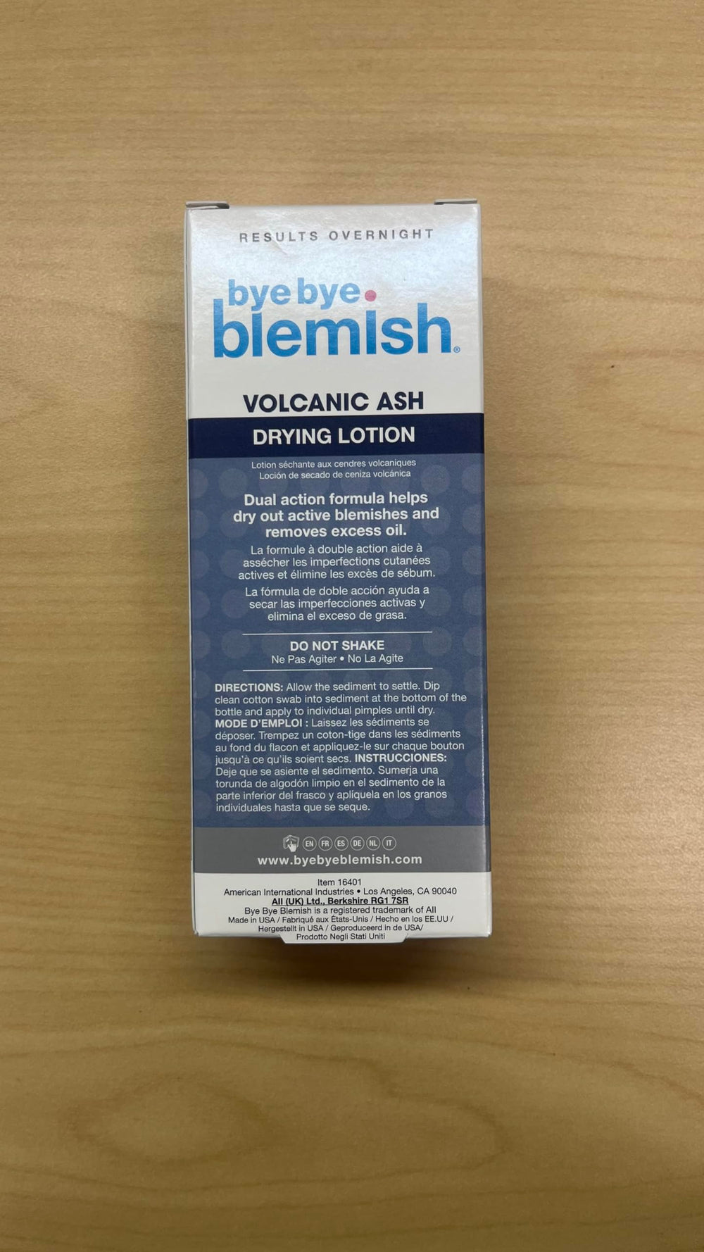 Bye Bye Blemish label and ingredient list close-up highlighting volcanic ash and gentle formulation benefit