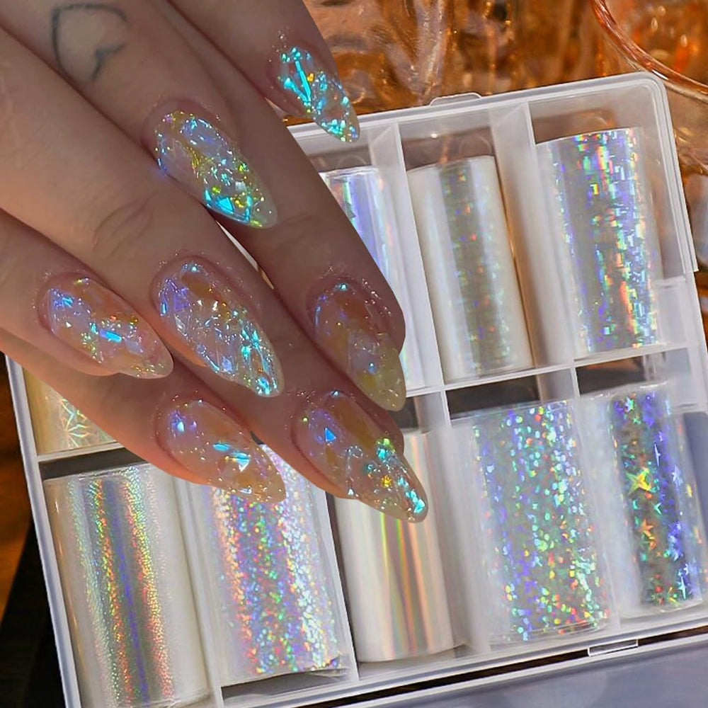 BYJKYEN styled manicure in lifestyle setting showing salon-quality holographic nails