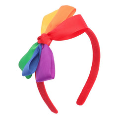 BYNYTO front view rainbow headband showing vibrant colors and tidy bow, adds bold flair