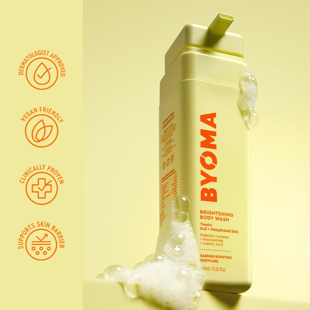 BYOMA bottle beside moisturizer to suggest post-shower hydration routine