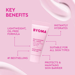 BYOMA ingredient flatlay highlighting tri-ceramide complex, squalane, niacinamide benefits