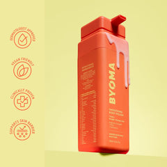 BYOMA label close-up highlighting PHA panthenol and prebiotic complex benefits