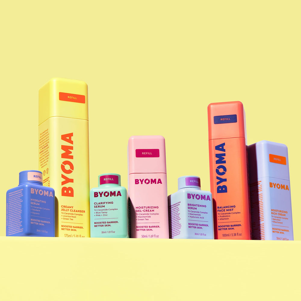 BYOMA mist used on face in bathroom showing instant soothing refresh