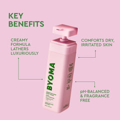 BYOMA pump dispensing gel to hand, illustrating easy use and controlled gentle application