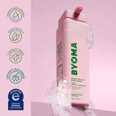 Person using BYOMA in shower, demonstrating gentle cleansing and reduced friction benefits
