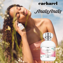 Cacharel Anais Anais next to white flowers showing compact 1 fl. oz travel-friendly size