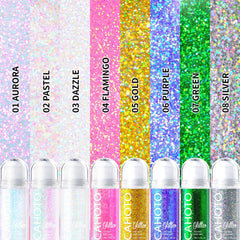 CAHOTO glitter applied to hair part for prismatic shine and light-catching effect