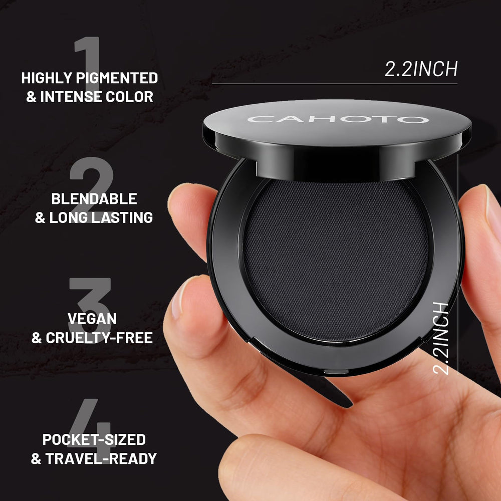CAHOTO close-up of pressed black matte powder texture, smooth blendability