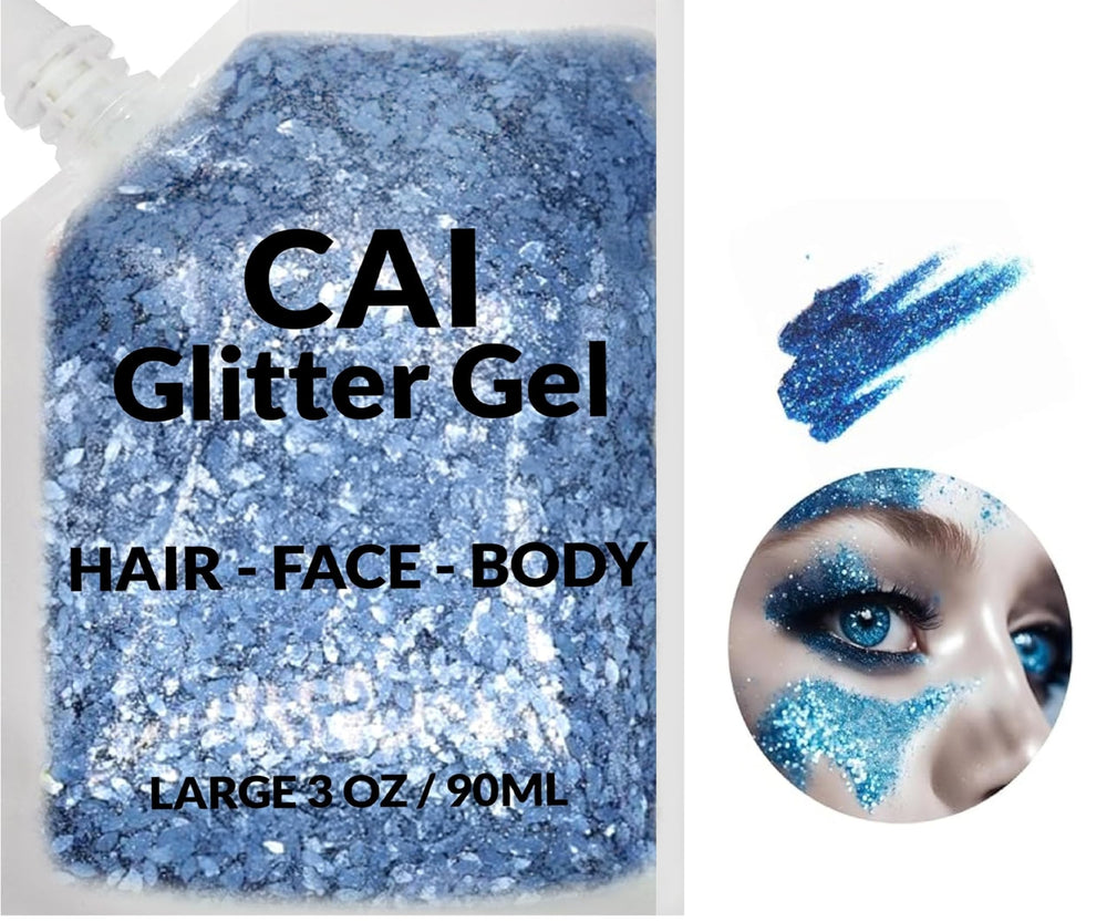 CAI BEAUTY NYC blue glitter gel used as hair streaks for festival-ready shine