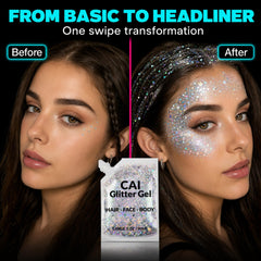 CAI BEAUTY NYC festival face look showing strong holographic sparkle under lights