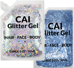 CAI BEAUTY NYC front packaging showing two holographic glitter gel pots, ideal for parties