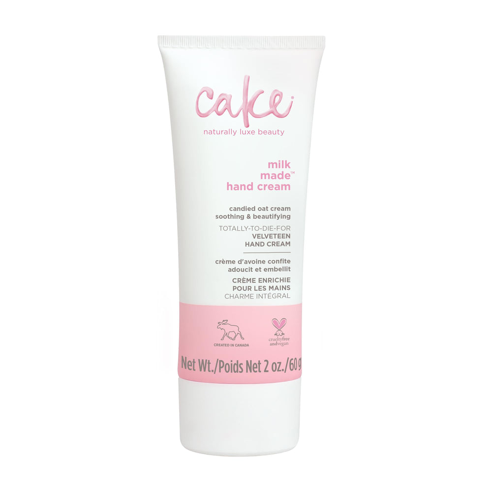 Cake Beauty hand cream front tube shows branding and travel size benefit