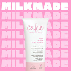 Cake Beauty open jar top view revealing fluffy lotion and easy scoopability benefit